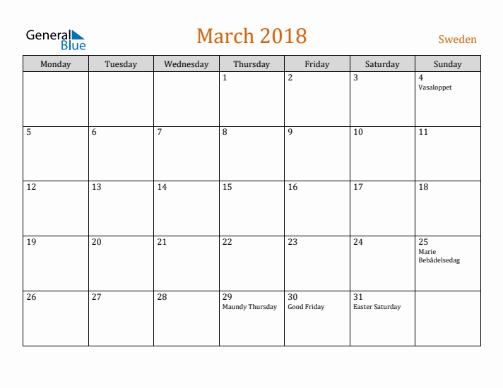 March 2018 Holiday Calendar with Monday Start