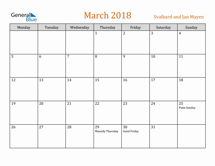 March 2018 Holiday Calendar with Monday Start