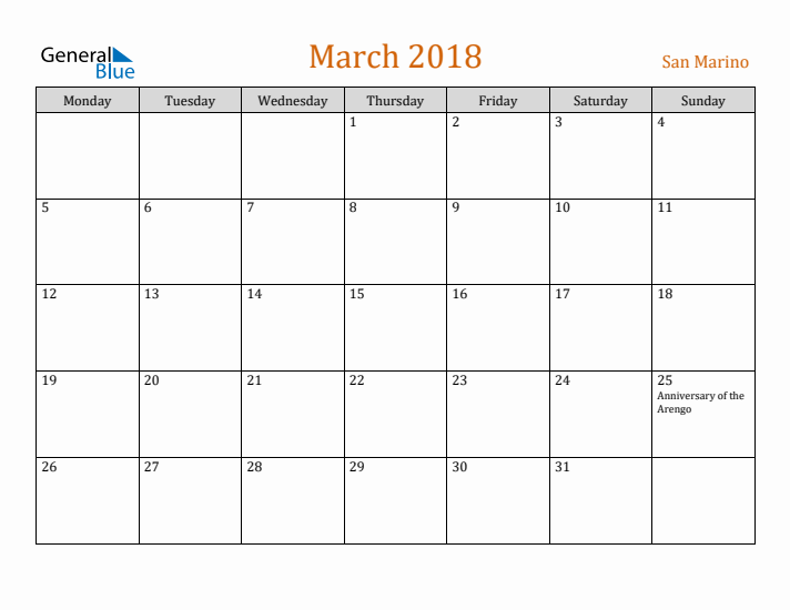 March 2018 Holiday Calendar with Monday Start