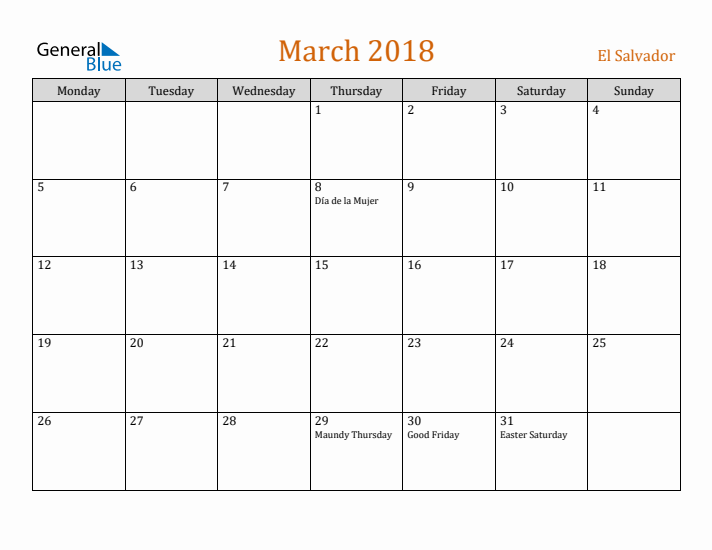 March 2018 Holiday Calendar with Monday Start