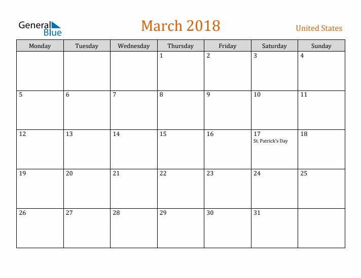 March 2018 Holiday Calendar with Monday Start