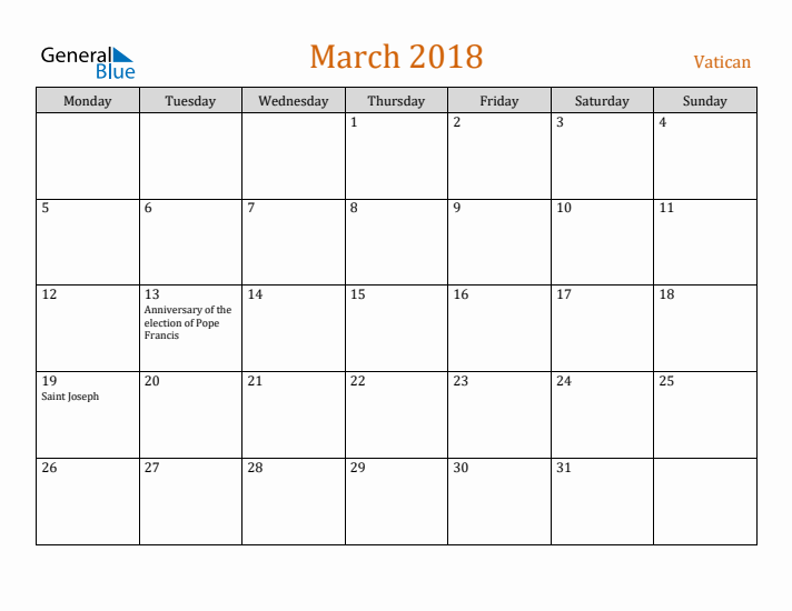 March 2018 Holiday Calendar with Monday Start