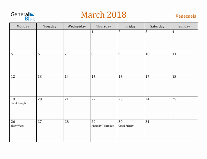 March 2018 Holiday Calendar with Monday Start