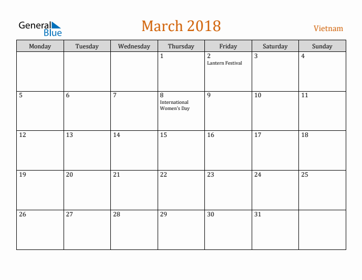 March 2018 Holiday Calendar with Monday Start