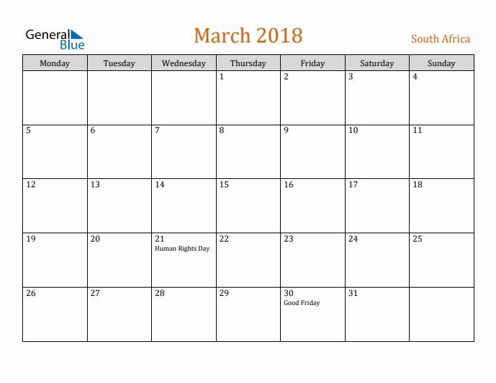 March 2018 Holiday Calendar with Monday Start