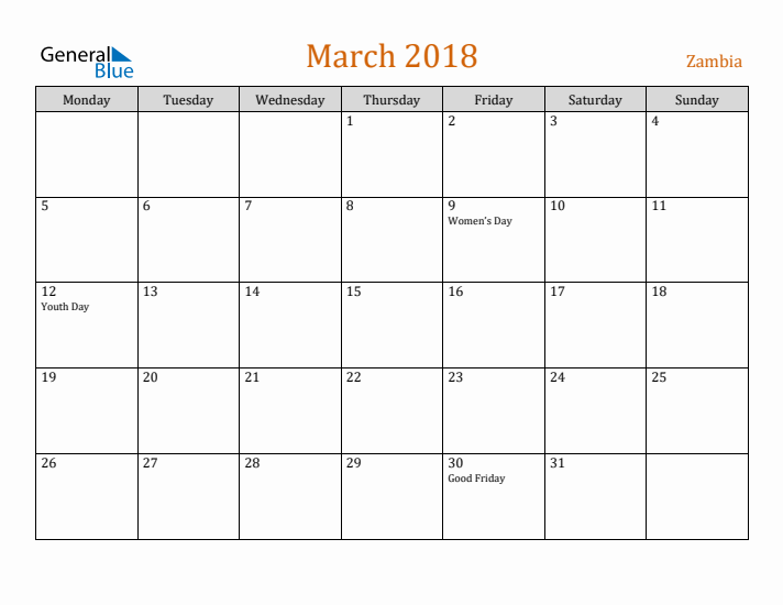 March 2018 Holiday Calendar with Monday Start