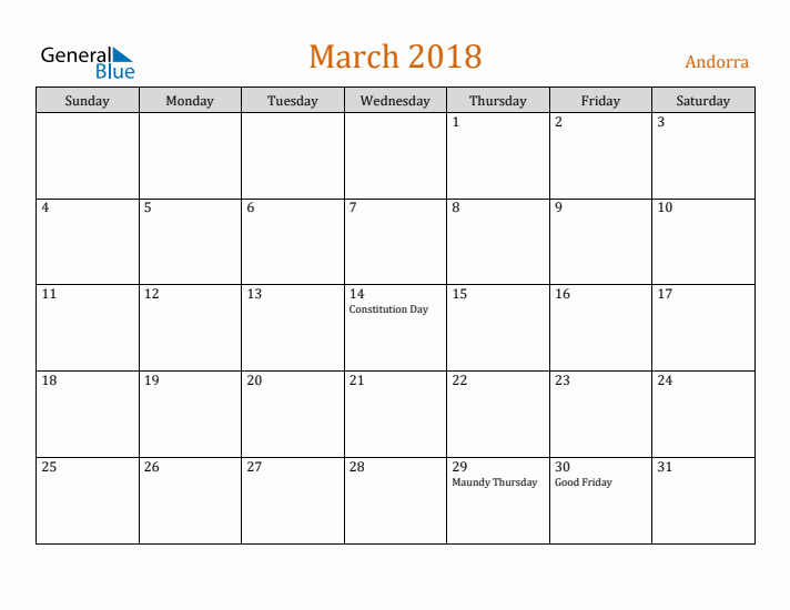 March 2018 Holiday Calendar with Sunday Start