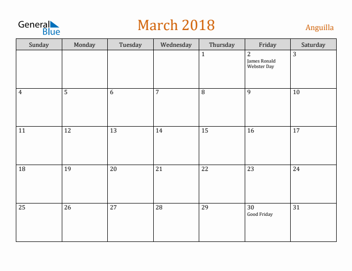 March 2018 Holiday Calendar with Sunday Start