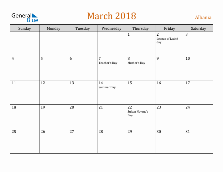 March 2018 Holiday Calendar with Sunday Start