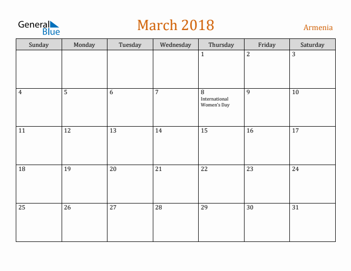 March 2018 Holiday Calendar with Sunday Start