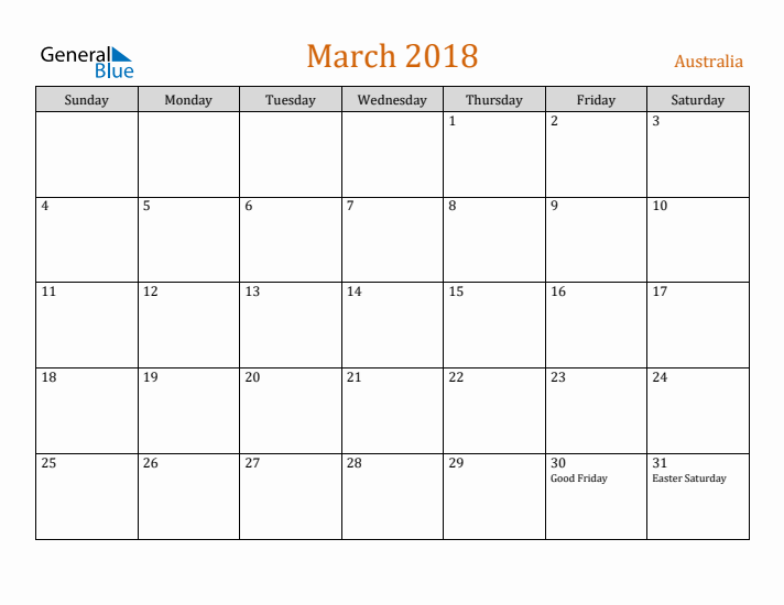 March 2018 Holiday Calendar with Sunday Start