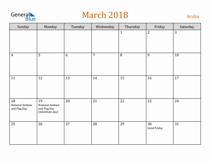 March 2018 Holiday Calendar with Sunday Start