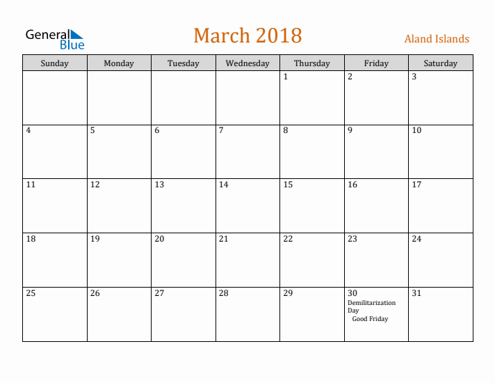 March 2018 Holiday Calendar with Sunday Start