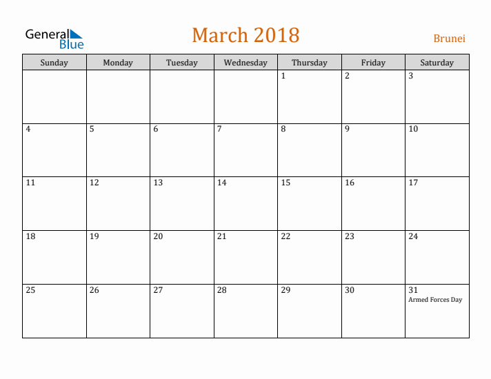 March 2018 Holiday Calendar with Sunday Start