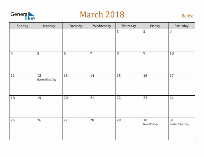 March 2018 Holiday Calendar with Sunday Start