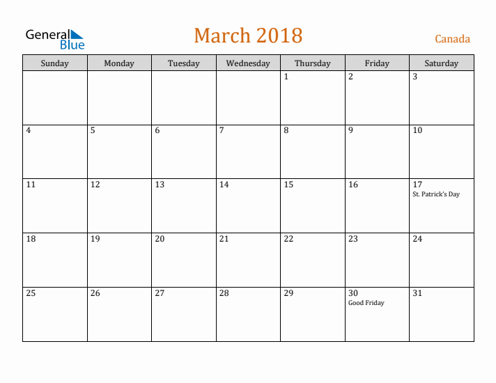 March 2018 Holiday Calendar with Sunday Start