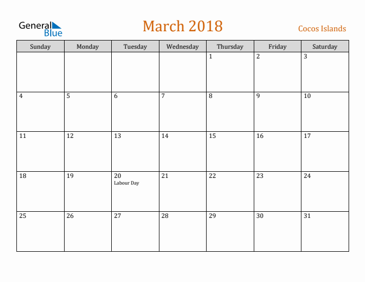 March 2018 Holiday Calendar with Sunday Start