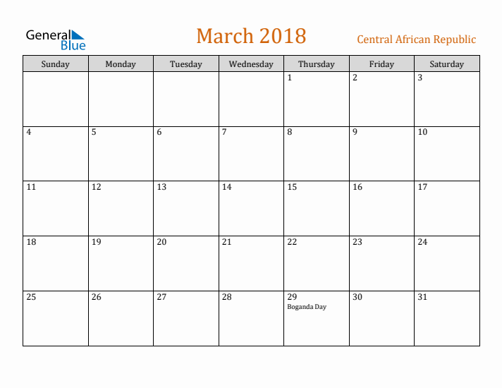 March 2018 Holiday Calendar with Sunday Start