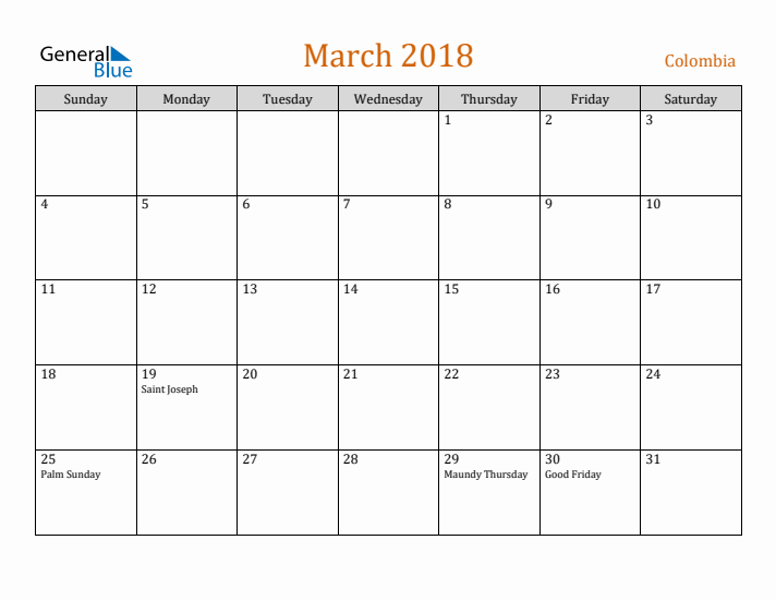 March 2018 Holiday Calendar with Sunday Start