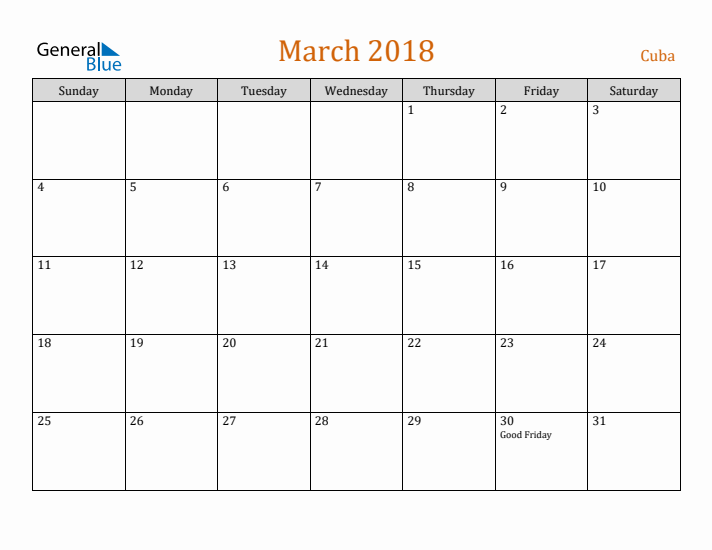 March 2018 Holiday Calendar with Sunday Start