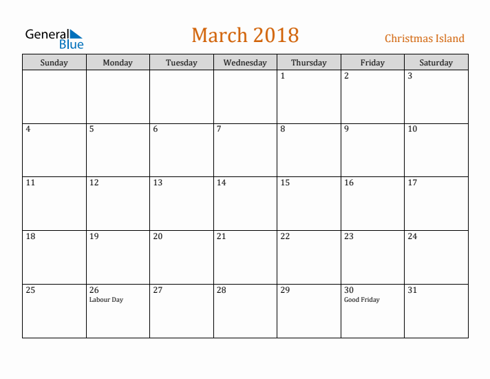 March 2018 Holiday Calendar with Sunday Start