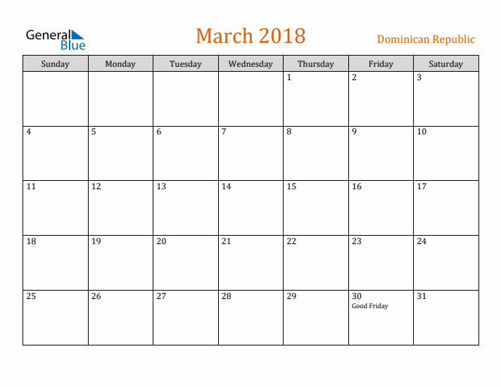 March 2018 Holiday Calendar with Sunday Start