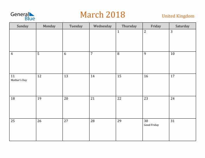 March 2018 Holiday Calendar with Sunday Start