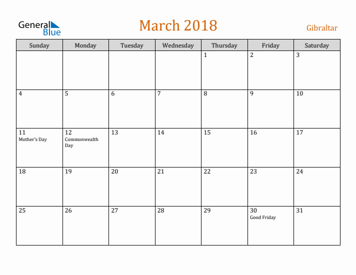 March 2018 Holiday Calendar with Sunday Start