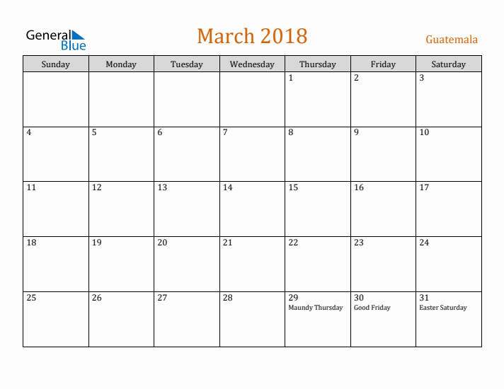 March 2018 Holiday Calendar with Sunday Start