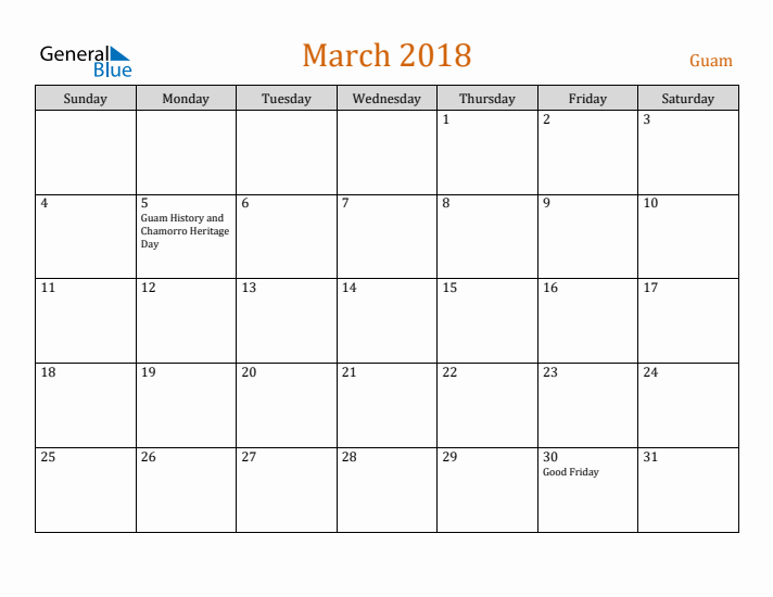 March 2018 Holiday Calendar with Sunday Start