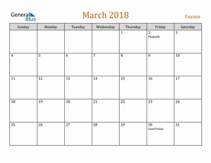 March 2018 Holiday Calendar with Sunday Start