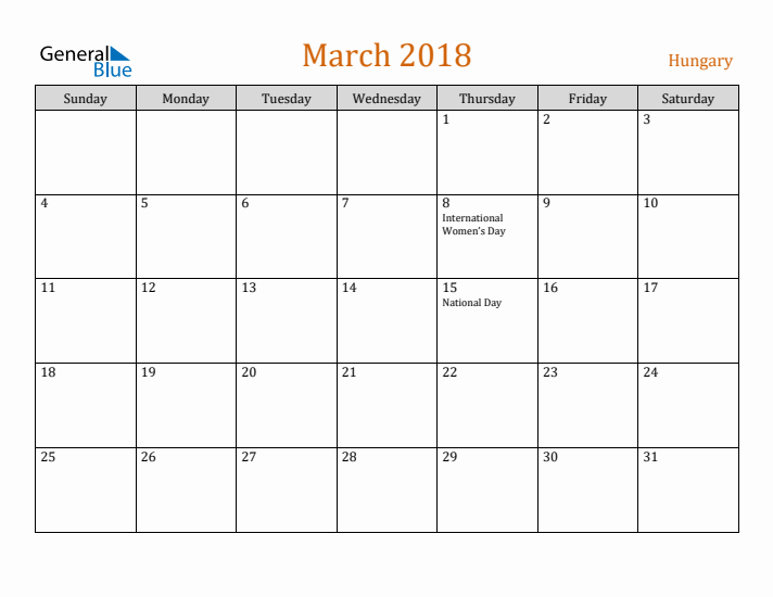 March 2018 Holiday Calendar with Sunday Start