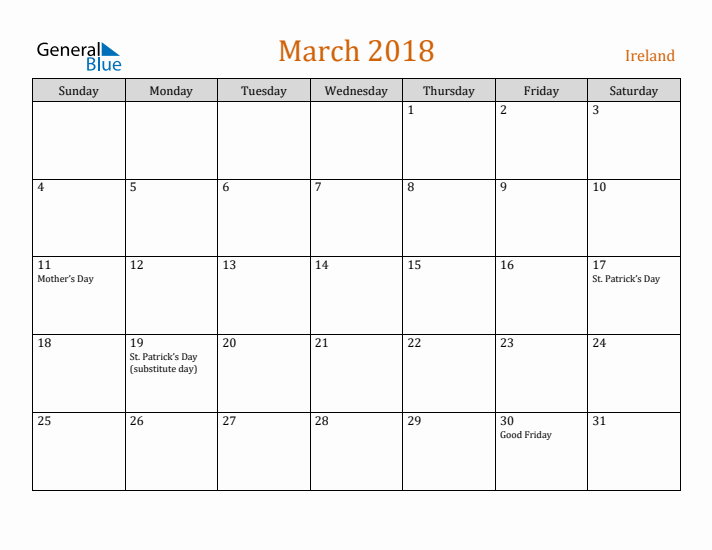 March 2018 Holiday Calendar with Sunday Start