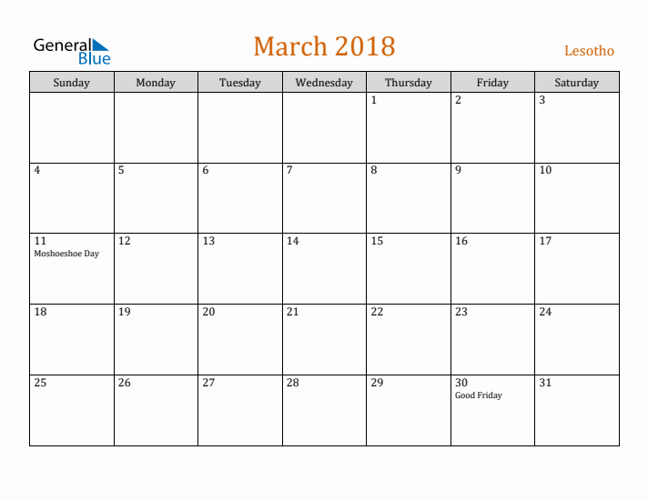 March 2018 Holiday Calendar with Sunday Start