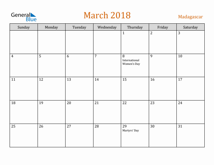 March 2018 Holiday Calendar with Sunday Start