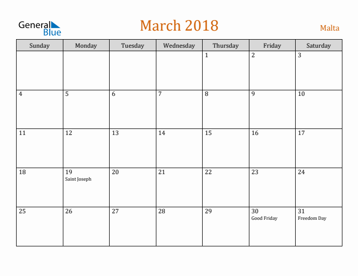 March 2018 Holiday Calendar with Sunday Start