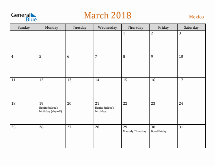 March 2018 Holiday Calendar with Sunday Start