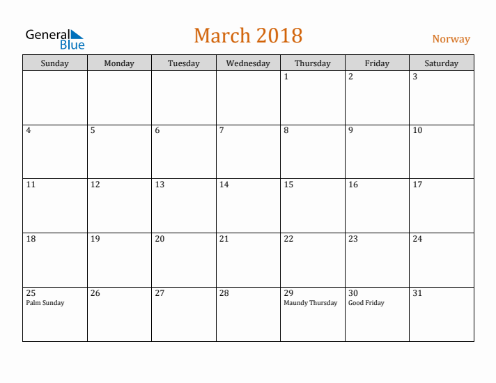 March 2018 Holiday Calendar with Sunday Start