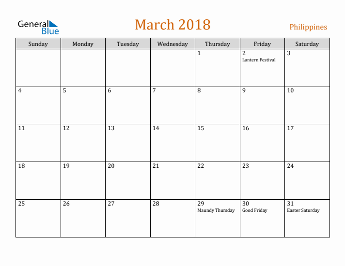 March 2018 Holiday Calendar with Sunday Start