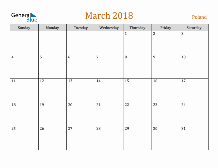 March 2018 Holiday Calendar with Sunday Start