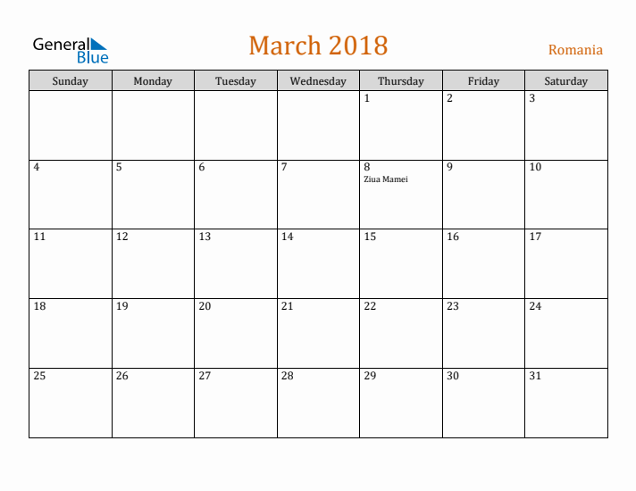 March 2018 Holiday Calendar with Sunday Start