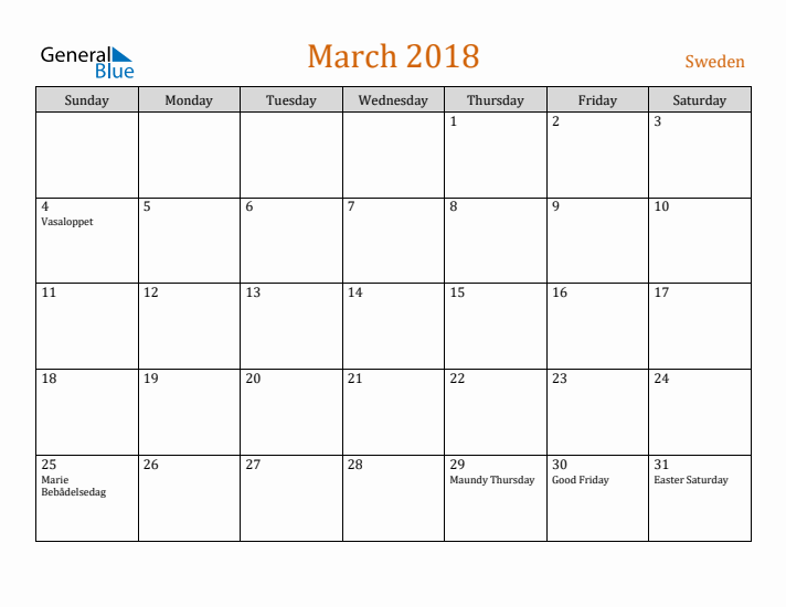 March 2018 Holiday Calendar with Sunday Start