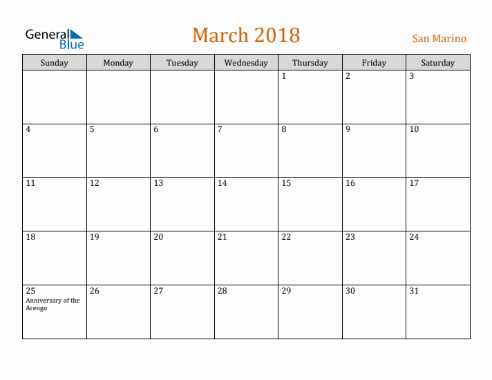 March 2018 Holiday Calendar with Sunday Start