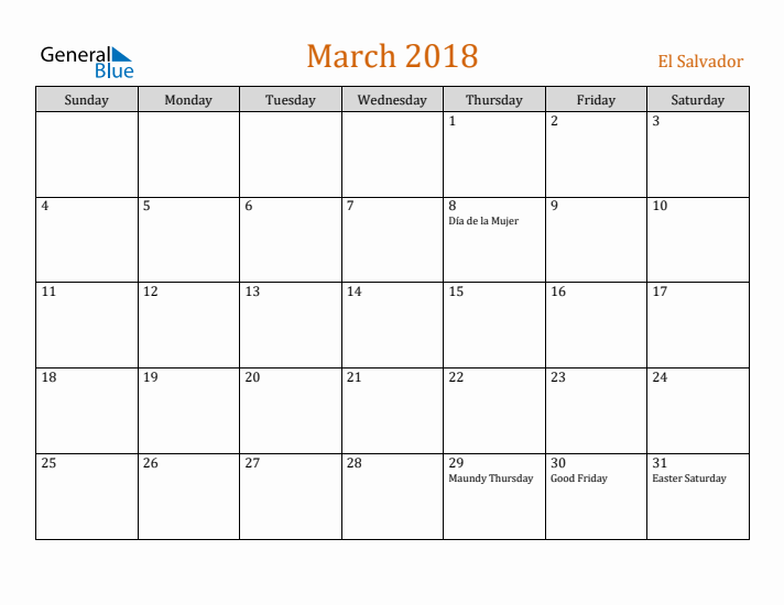 March 2018 Holiday Calendar with Sunday Start