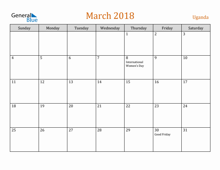 March 2018 Holiday Calendar with Sunday Start