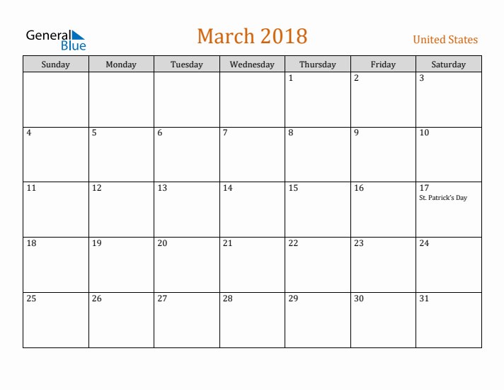 March 2018 Holiday Calendar with Sunday Start