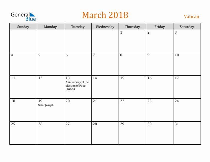 March 2018 Holiday Calendar with Sunday Start