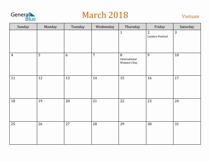 March 2018 Holiday Calendar with Sunday Start