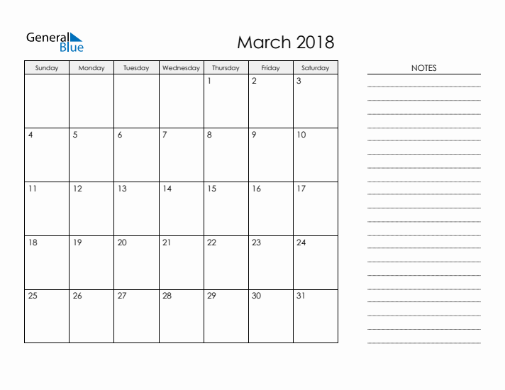 Printable Monthly Calendar with Notes - March 2018