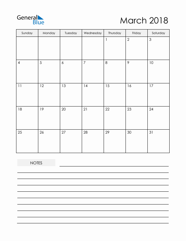 Printable Calendar with Notes - March 2018 